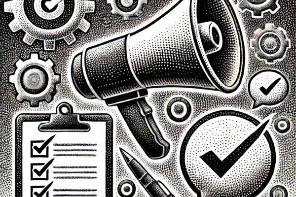 Black and white stipple illustration showing a megaphone, clipboard with checkmarks, speech bubbles, and gears, symbolizing communication, feedback, and efficiency in a business setting.