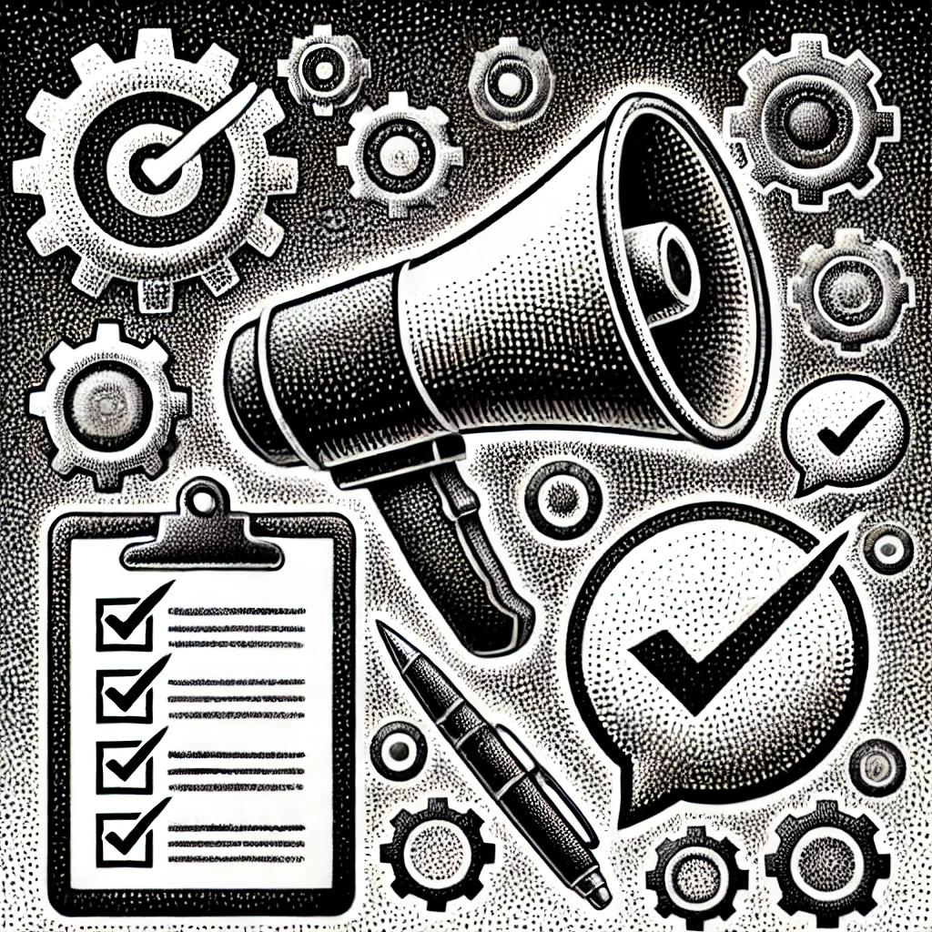 Black and white stipple illustration showing a megaphone, clipboard with checkmarks, speech bubbles, and gears, symbolizing communication, feedback, and efficiency in a business setting.