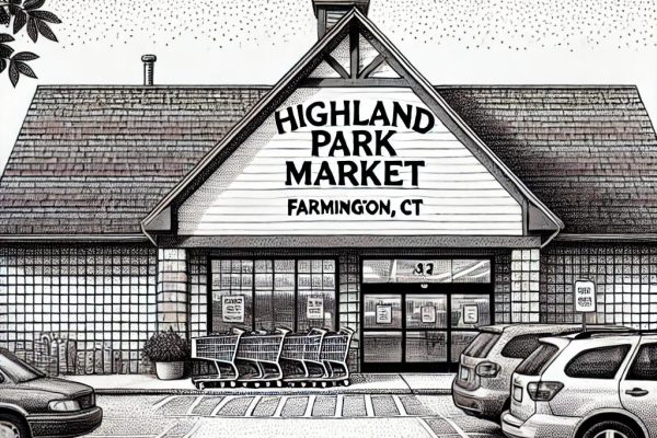 A black-and-white stipple-style illustration of the Highland Park Market storefront in Farmington, CT. The building features a pitched roof and a large sign reading "Highland Park Market." The parking lot has several cars and a row of neatly arranged shopping carts near the entrance.