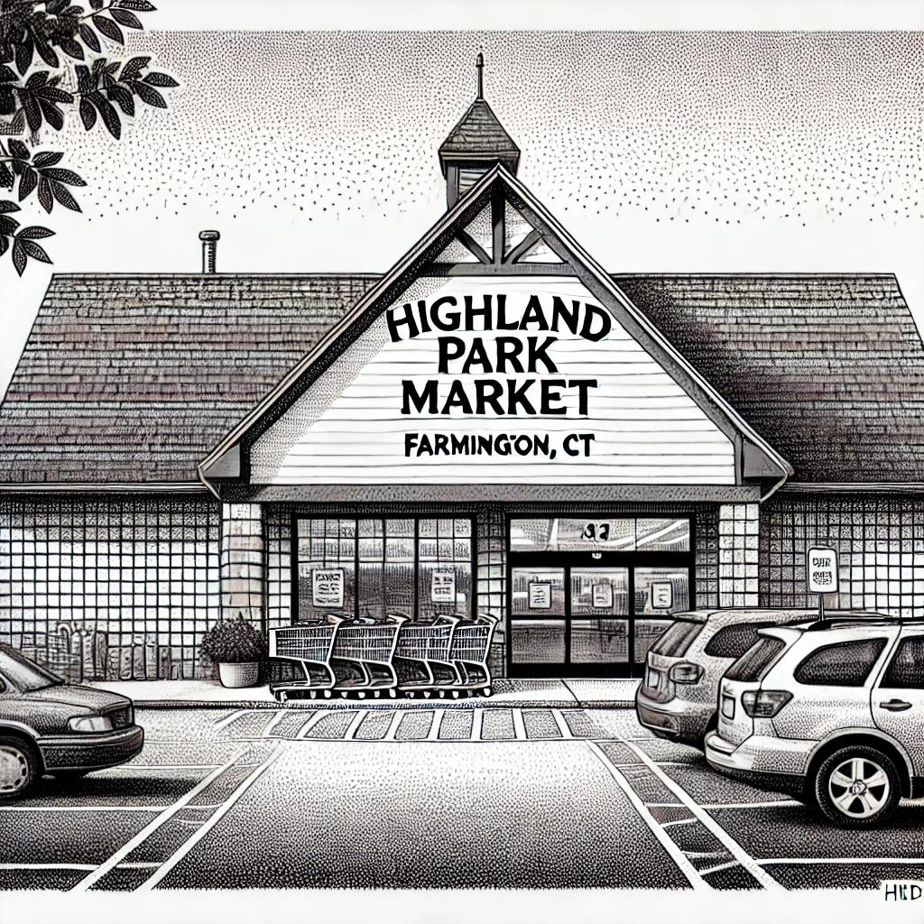 A black-and-white stipple-style illustration of the Highland Park Market storefront in Farmington, CT. The building features a pitched roof and a large sign reading "Highland Park Market." The parking lot has several cars and a row of neatly arranged shopping carts near the entrance.