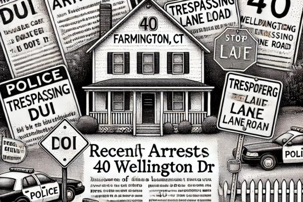 Black and white stipple illustration showing a humorous depiction of recent arrests in Farmington, CT, including DUI signs, trespassing notices, police cars, and improper lane markers, all in a classic newspaper style.