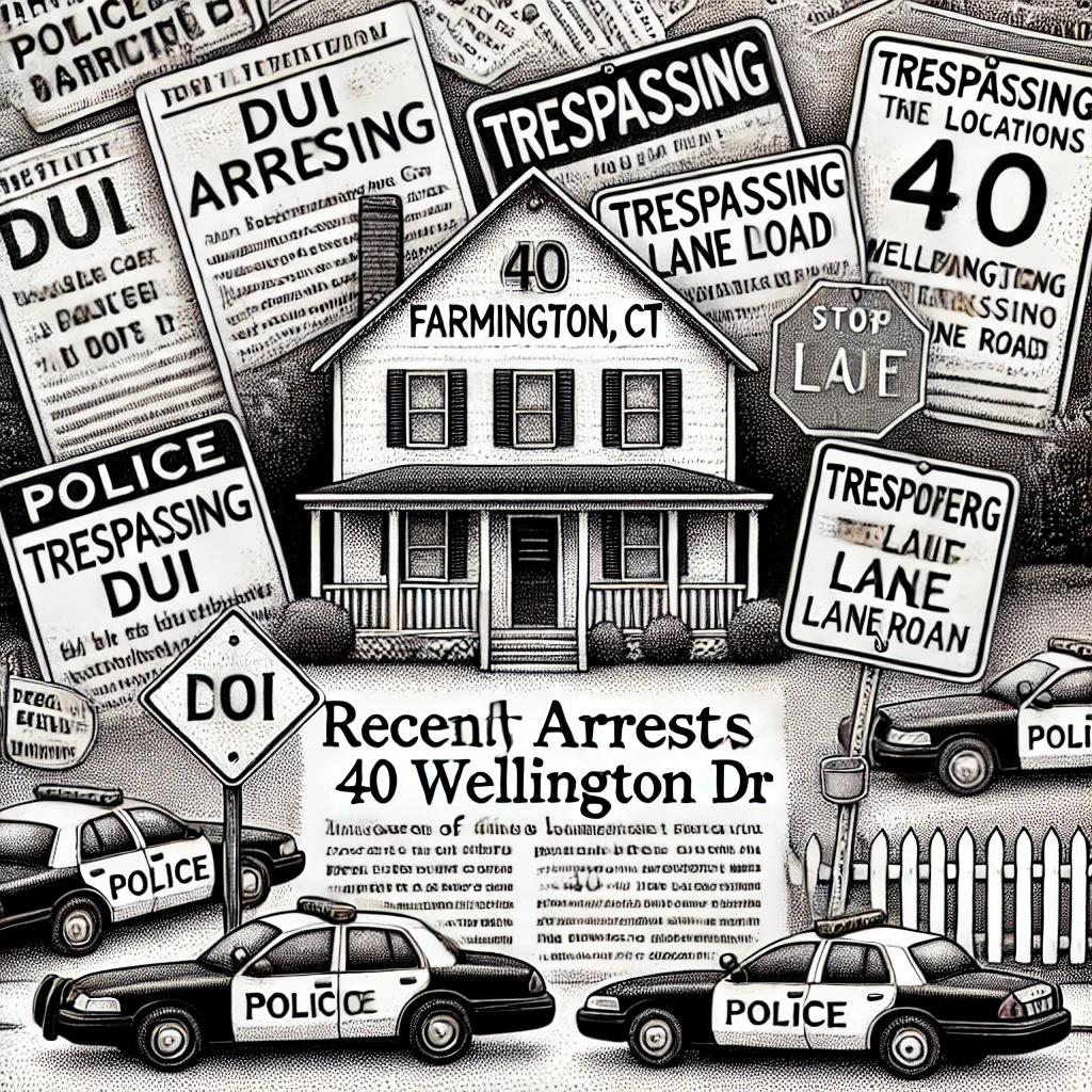 Black and white stipple illustration showing a humorous depiction of recent arrests in Farmington, CT, including DUI signs, trespassing notices, police cars, and improper lane markers, all in a classic newspaper style.