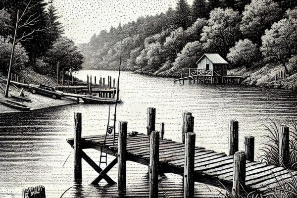 Black and white stipple illustration of a disrepaired fishing pier on a calm river, with trees in the background, evoking environmental restoration and community engagement.