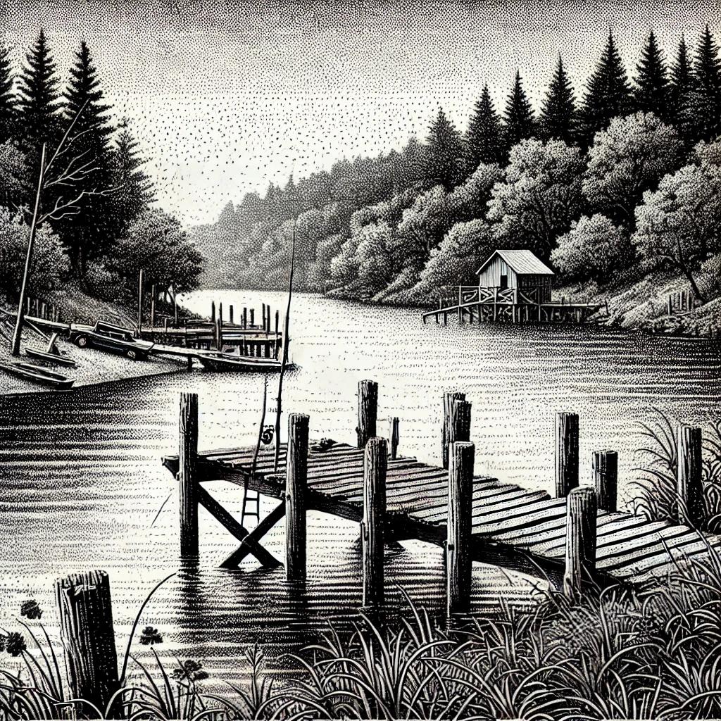 Black and white stipple illustration of a disrepaired fishing pier on a calm river, with trees in the background, evoking environmental restoration and community engagement.