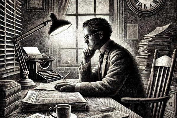 Monochromatic stipple art of a serene journalist at an antique desk, surrounded by newspapers, books, and coffee under a soft vintage lamp, symbolizing slow, thoughtful journalism