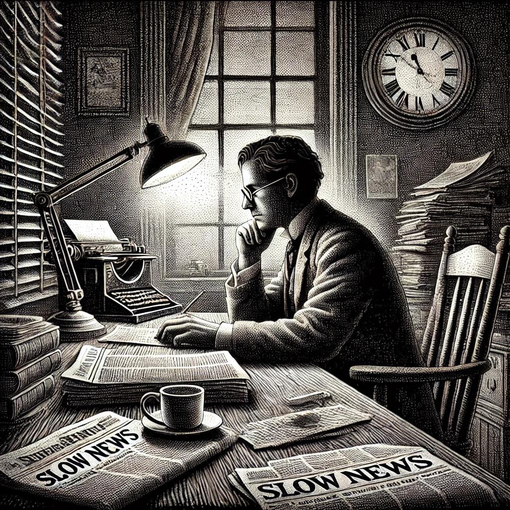 Monochromatic stipple art of a serene journalist at an antique desk, surrounded by newspapers, books, and coffee under a soft vintage lamp, symbolizing slow, thoughtful journalism