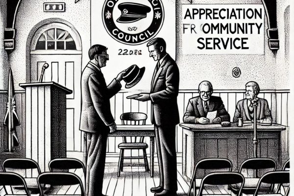 Black and white stipple illustration of a town council meeting where a central figure receives a hat as an award for long service. The scene captures the casual, community atmosphere with a podium and chairs in the background.