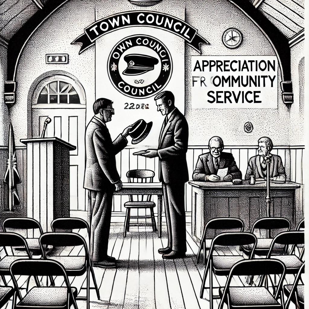 Black and white stipple illustration of a town council meeting where a central figure receives a hat as an award for long service. The scene captures the casual, community atmosphere with a podium and chairs in the background.