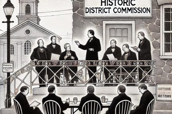 A stipple illustration showing a wrought iron railing on stone steps surrounded by people in formal attire. In the background, historic buildings and a church are faintly outlined, reflecting the context of a small-town historic district meeting.