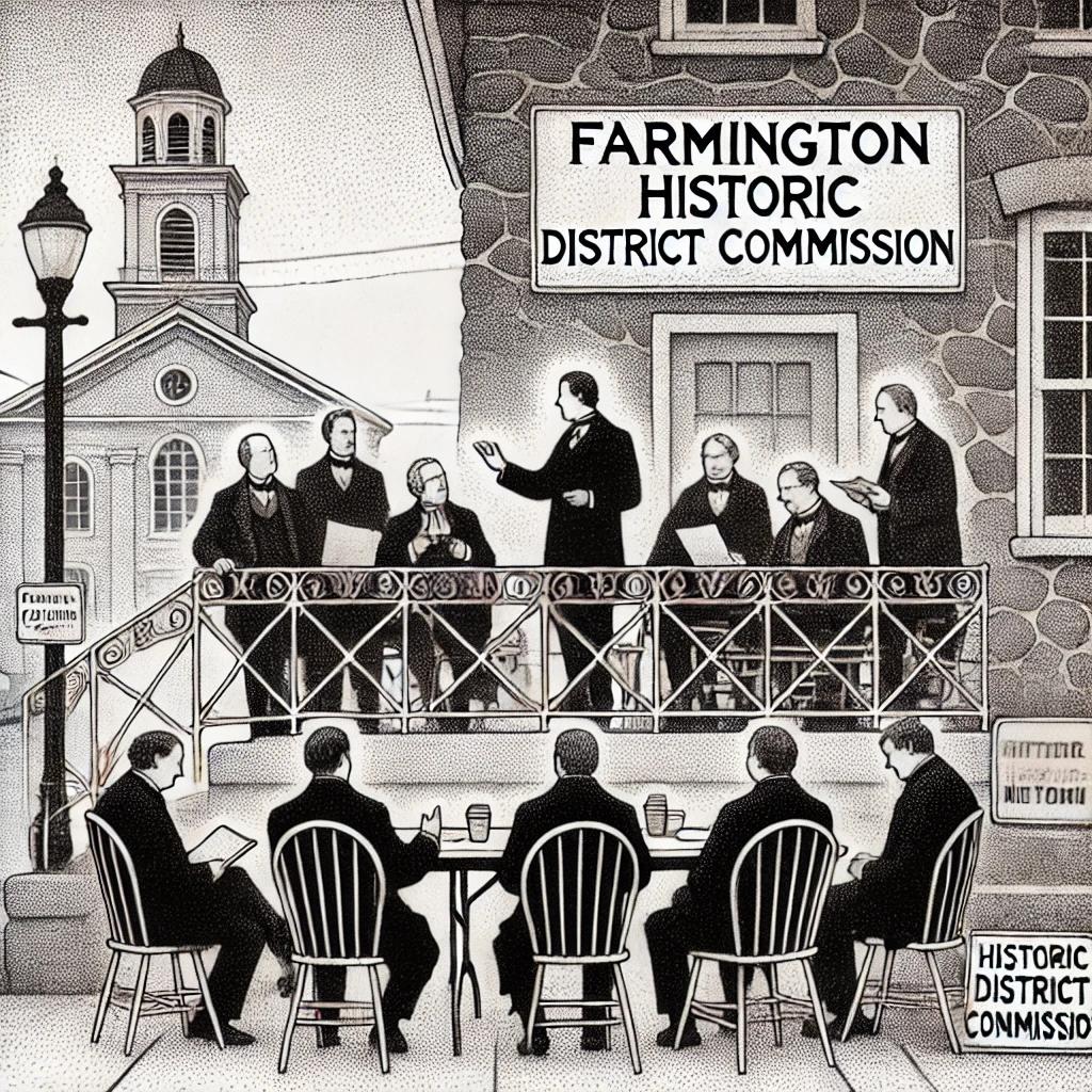 A stipple illustration showing a wrought iron railing on stone steps surrounded by people in formal attire. In the background, historic buildings and a church are faintly outlined, reflecting the context of a small-town historic district meeting.