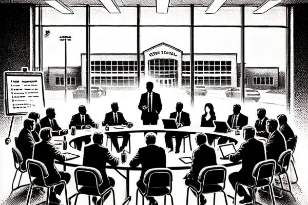 A lively black and white stipple-style depiction of a committee meeting brimming with urgency and collaboration, with the school athletic field peeking through in the background. Perfect for a scene of thoughtful deliberation and spirited community effort!