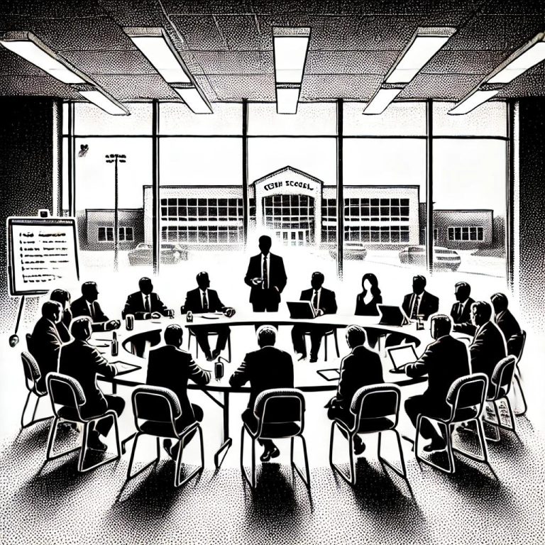 A lively black and white stipple-style depiction of a committee meeting brimming with urgency and collaboration, with the school athletic field peeking through in the background. Perfect for a scene of thoughtful deliberation and spirited community effort!