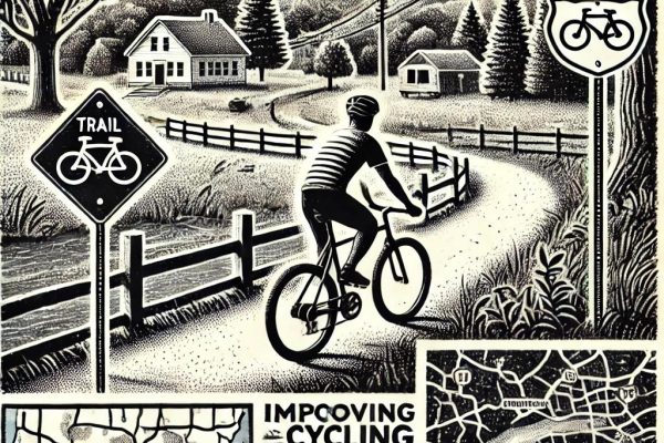 A black and white stipple illustration of a cyclist riding on a suburban trail surrounded by trees and open green spaces, representing a typical Connecticut town. Bicycle-themed elements like trail maps, signs, and tools are subtly integrated, reflecting community-focused cycling advocacy and suburban charm. The cyclist is wearing a helmet, emphasizing safety.