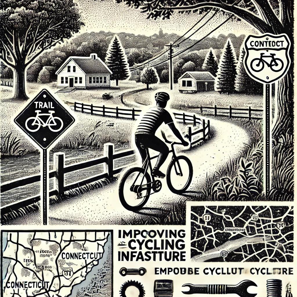 A black and white stipple illustration of a cyclist riding on a suburban trail surrounded by trees and open green spaces, representing a typical Connecticut town. Bicycle-themed elements like trail maps, signs, and tools are subtly integrated, reflecting community-focused cycling advocacy and suburban charm. The cyclist is wearing a helmet, emphasizing safety.