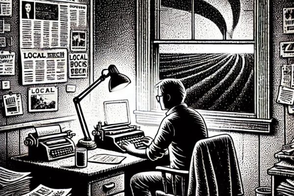 A stipple-style black and white illustration of a small-town newspaper office with a dedicated publisher at a desk. The scene exudes a sense of community and dedication, contrasting the warmth of local journalism with the looming presence of modern tech outside a window.