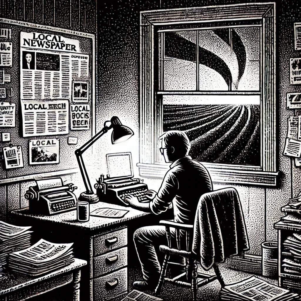 A stipple-style black and white illustration of a small-town newspaper office with a dedicated publisher at a desk. The scene exudes a sense of community and dedication, contrasting the warmth of local journalism with the looming presence of modern tech outside a window.