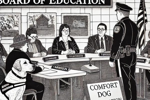 A black and white stipple illustration of a Farmington Board of Education meeting. Individuals are seated at a table with microphones and papers, while a comfort dog, a Labrador, sits next to a uniformed officer in the foreground. A nature-themed banner in the background hints at outdoor learning and conservation.