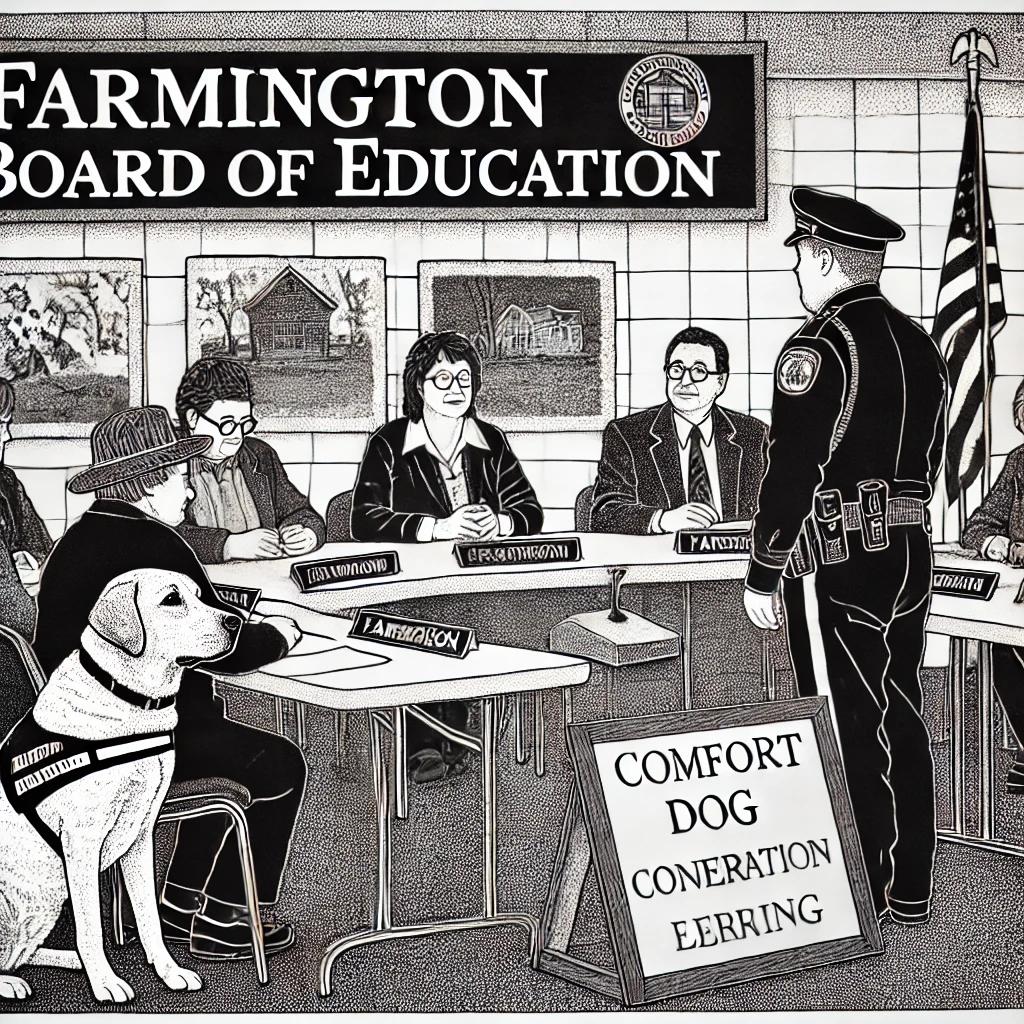 A black and white stipple illustration of a Farmington Board of Education meeting. Individuals are seated at a table with microphones and papers, while a comfort dog, a Labrador, sits next to a uniformed officer in the foreground. A nature-themed banner in the background hints at outdoor learning and conservation.