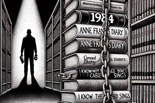 A black and white stipple-style illustration symbolizing censorship and book bans. It features classic literature like "1984" and "Anne Frank’s Diary" chained and padlocked in a dimly lit library with empty shelves.