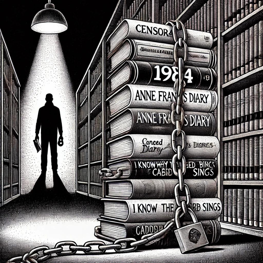 A black and white stipple-style illustration symbolizing censorship and book bans. It features classic literature like "1984" and "Anne Frank’s Diary" chained and padlocked in a dimly lit library with empty shelves.