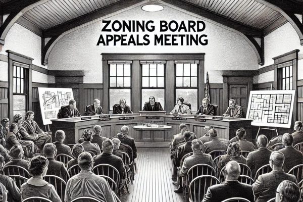 A detailed black and white stipple illustration of a zoning board appeals meeting in a small-town council chamber. The image showcases a zoning board at the front table deliberating plans, with an audience of community members seated in rows. Architectural documents and a sense of civic engagement are depicted.