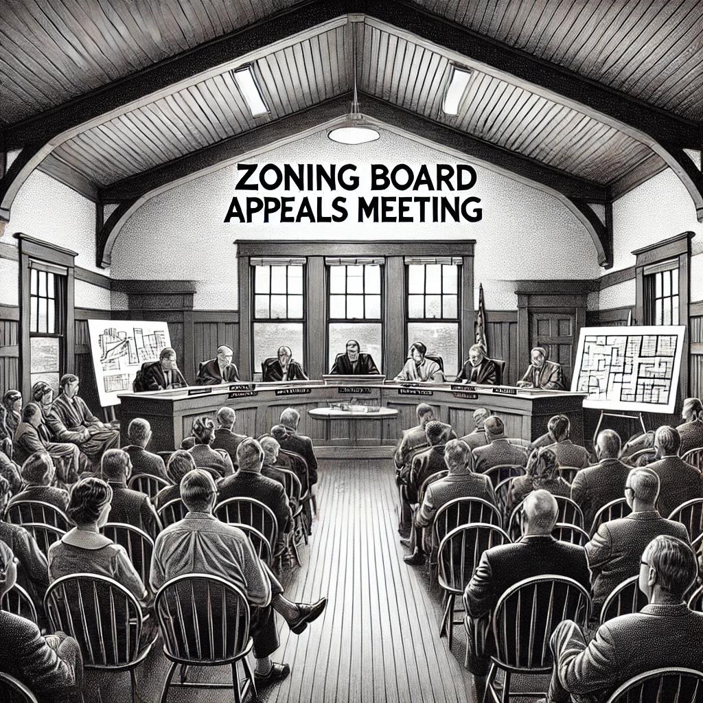 A detailed black and white stipple illustration of a zoning board appeals meeting in a small-town council chamber. The image showcases a zoning board at the front table deliberating plans, with an audience of community members seated in rows. Architectural documents and a sense of civic engagement are depicted.