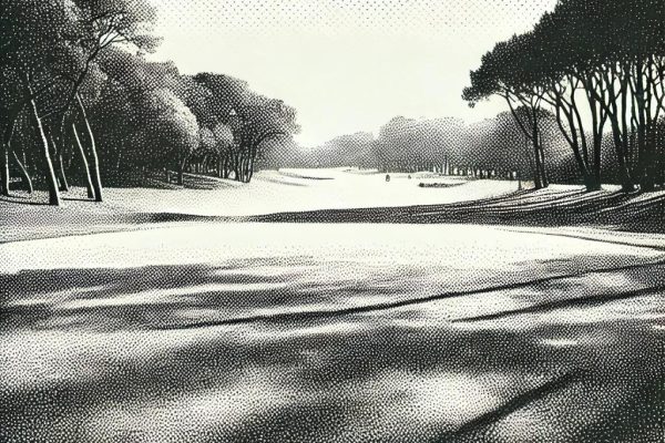 A vintage-style black and white stipple illustration of a golf course fairway, with light trees in the background, capturing a calm, open landscape.