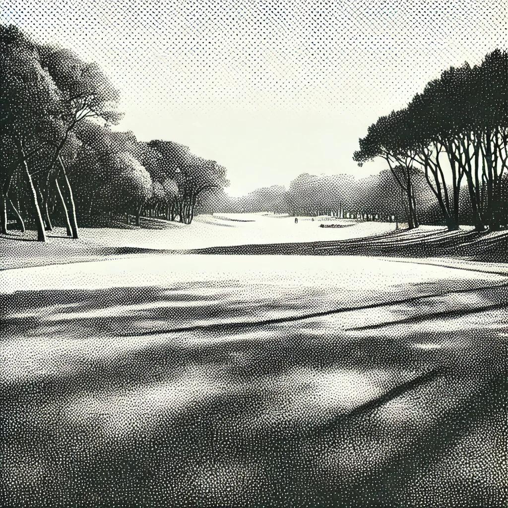 A vintage-style black and white stipple illustration of a golf course fairway, with light trees in the background, capturing a calm, open landscape.