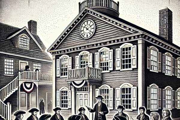 A black and white stipple illustration of a historic New England town meeting held in a colonial-style town hall with people discussing plans, a wrought iron railing, and a clock tower in the background.