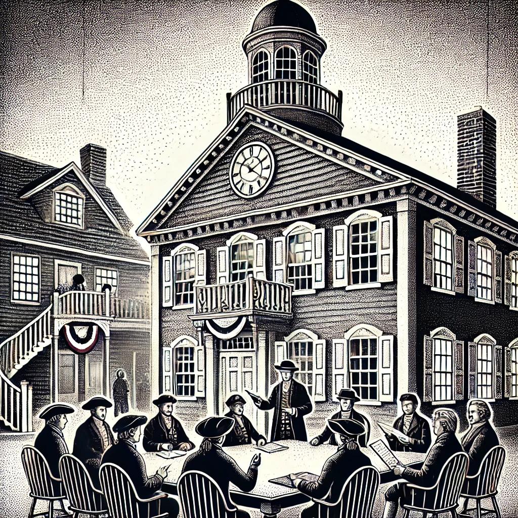 A black and white stipple illustration of a historic New England town meeting held in a colonial-style town hall with people discussing plans, a wrought iron railing, and a clock tower in the background.