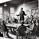 A spirited black and white stipple illustration of a bustling town meeting. People sit or stand in animated discussion, with one committee member making a grand, expressive gesture. The background features a community bulletin board and the table is covered in scattered paperwork, reflecting the lively atmosphere.