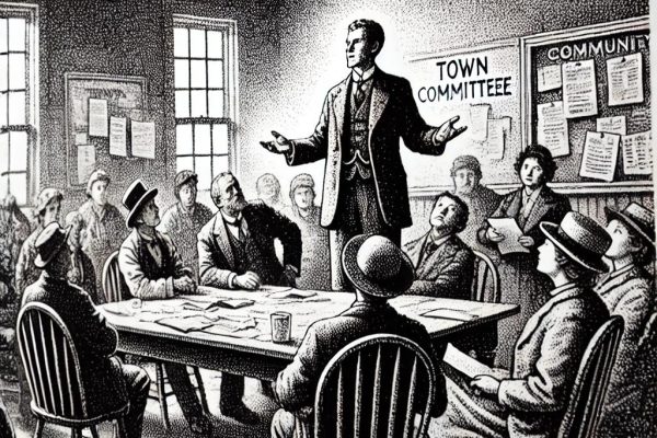 A spirited black and white stipple illustration of a bustling town meeting. People sit or stand in animated discussion, with one committee member making a grand, expressive gesture. The background features a community bulletin board and the table is covered in scattered paperwork, reflecting the lively atmosphere.