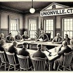 A black-and-white stipple illustration captures a town hall meeting in Unionville, Connecticut, where residents sit around a table, discussing the preservation of historic homes with focused and lively expressions.