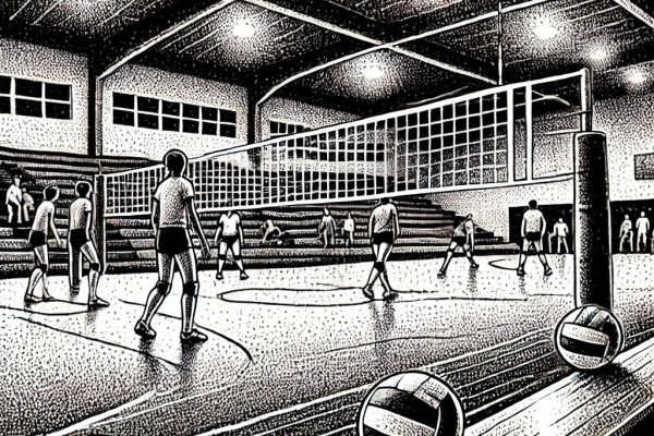 Black and white stipple illustration of a high school volleyball game in a suburban gym. The scene includes players positioned on both sides of a volleyball net, with volleyballs resting on benches in the foreground and spectators in the background.