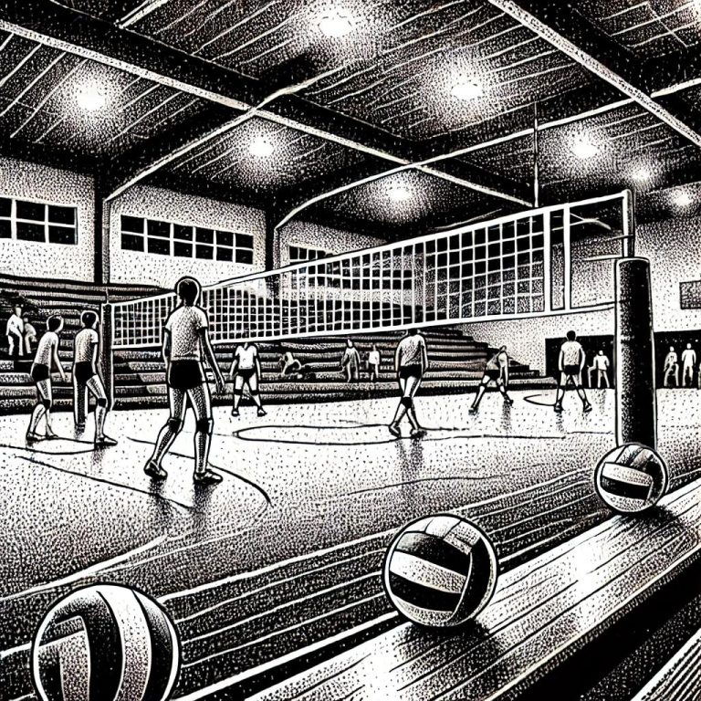 Black and white stipple illustration of a high school volleyball game in a suburban gym. The scene includes players positioned on both sides of a volleyball net, with volleyballs resting on benches in the foreground and spectators in the background.