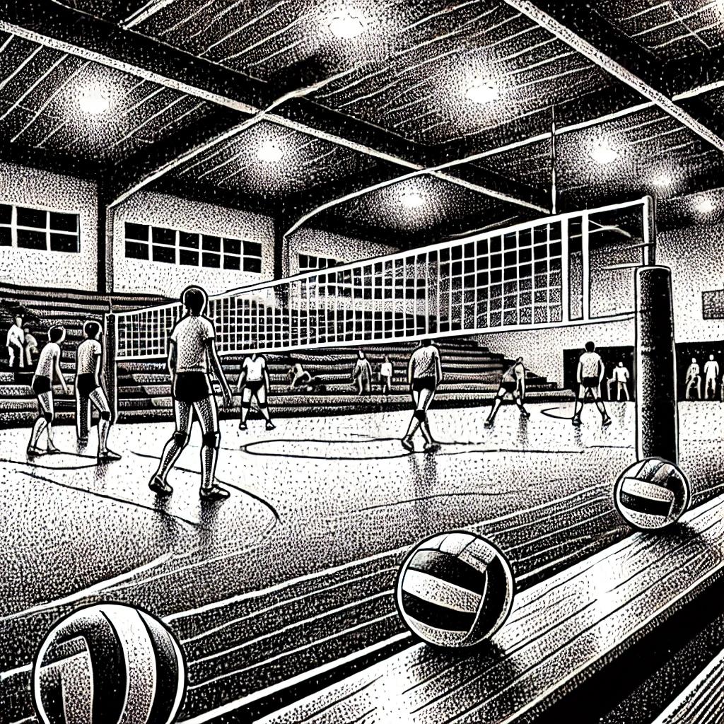 Black and white stipple illustration of a high school volleyball game in a suburban gym. The scene includes players positioned on both sides of a volleyball net, with volleyballs resting on benches in the foreground and spectators in the background.