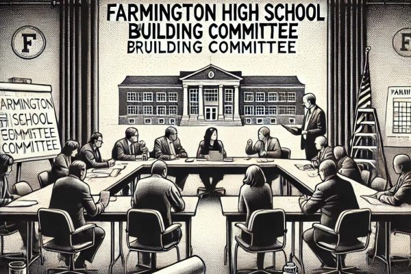 Black-and-white stipple illustration showing a group of individuals in a meeting room engaged in discussion. The table is adorned with blueprints and construction tools, symbolizing collaborative planning and development.