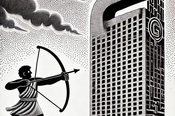 A black-and-white stipple illustration depicting a small figure, symbolizing a local news outlet, holding a slingshot and facing a towering figure resembling a technological giant with abstract motifs.