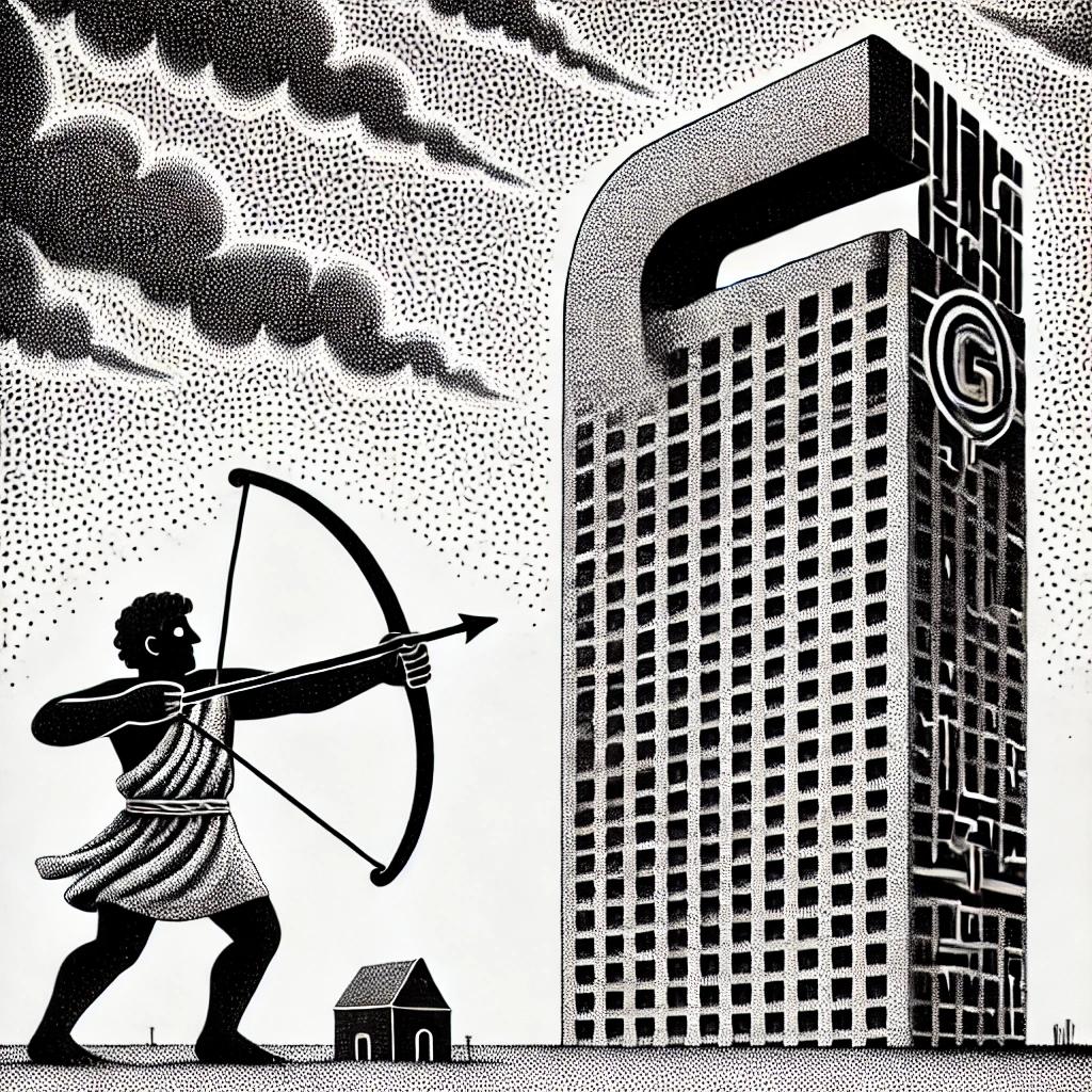 A black-and-white stipple illustration depicting a small figure, symbolizing a local news outlet, holding a slingshot and facing a towering figure resembling a technological giant with abstract motifs.