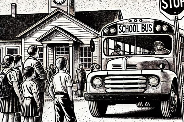 A stipple art illustration in black and white showing a school bus slightly misaligned at a stop in front of a small-town school building. Children with concerned expressions wait nearby, and a school administrator glances at their watch. The artwork uses dotted textures to convey depth and detail.