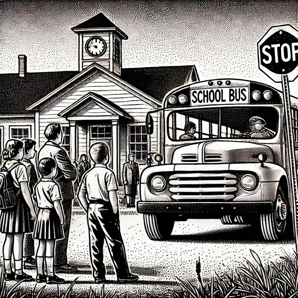 A stipple art illustration in black and white showing a school bus slightly misaligned at a stop in front of a small-town school building. Children with concerned expressions wait nearby, and a school administrator glances at their watch. The artwork uses dotted textures to convey depth and detail.