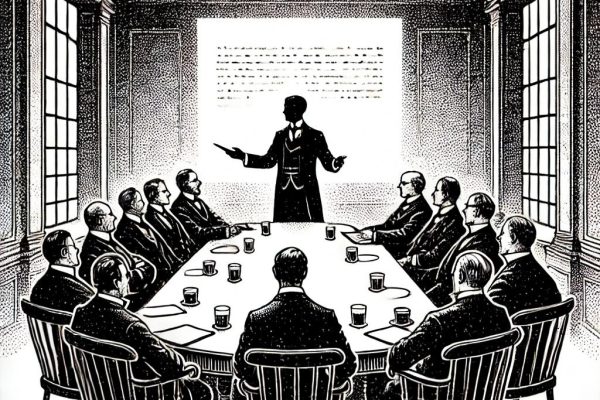 A stipple illustration in black and white depicting a formal meeting room setting with a long table surrounded by figures engaged in discussion. A person resembling a professor gestures animatedly while standing at the head of the table, emphasizing key points. In the background, a whiteboard or projector screen displays faint text, symbolizing a presentation.