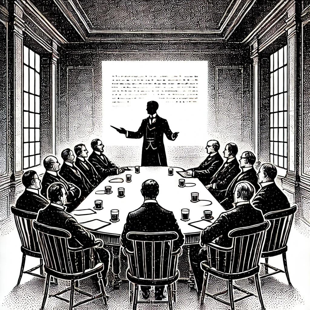 A stipple illustration in black and white depicting a formal meeting room setting with a long table surrounded by figures engaged in discussion. A person resembling a professor gestures animatedly while standing at the head of the table, emphasizing key points. In the background, a whiteboard or projector screen displays faint text, symbolizing a presentation.