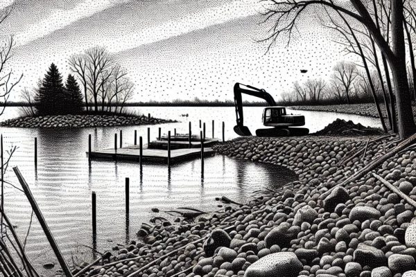 A black and white stipple art image of a lakefront area with a dock and surrounding restoration work. Native vegetation and boulders are depicted near the water's edge, with small excavating equipment in the foreground. The background shows sparse trees and rippled water under a subtle sky.