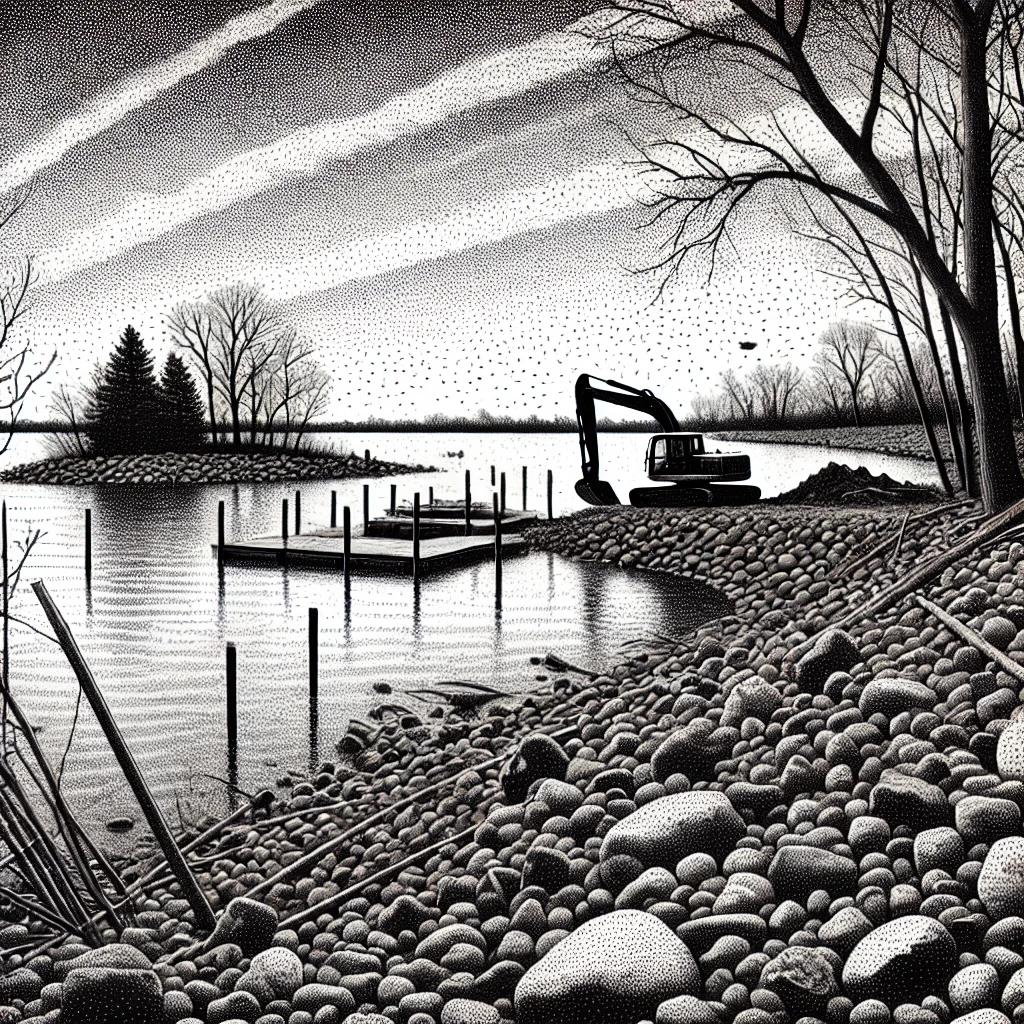 A black and white stipple art image of a lakefront area with a dock and surrounding restoration work. Native vegetation and boulders are depicted near the water's edge, with small excavating equipment in the foreground. The background shows sparse trees and rippled water under a subtle sky.