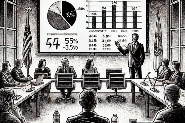 A detailed black-and-white stipple illustration showing a modern school board meeting. A speaker confidently presents in front of a projector displaying financial charts, while an attentive audience listens.