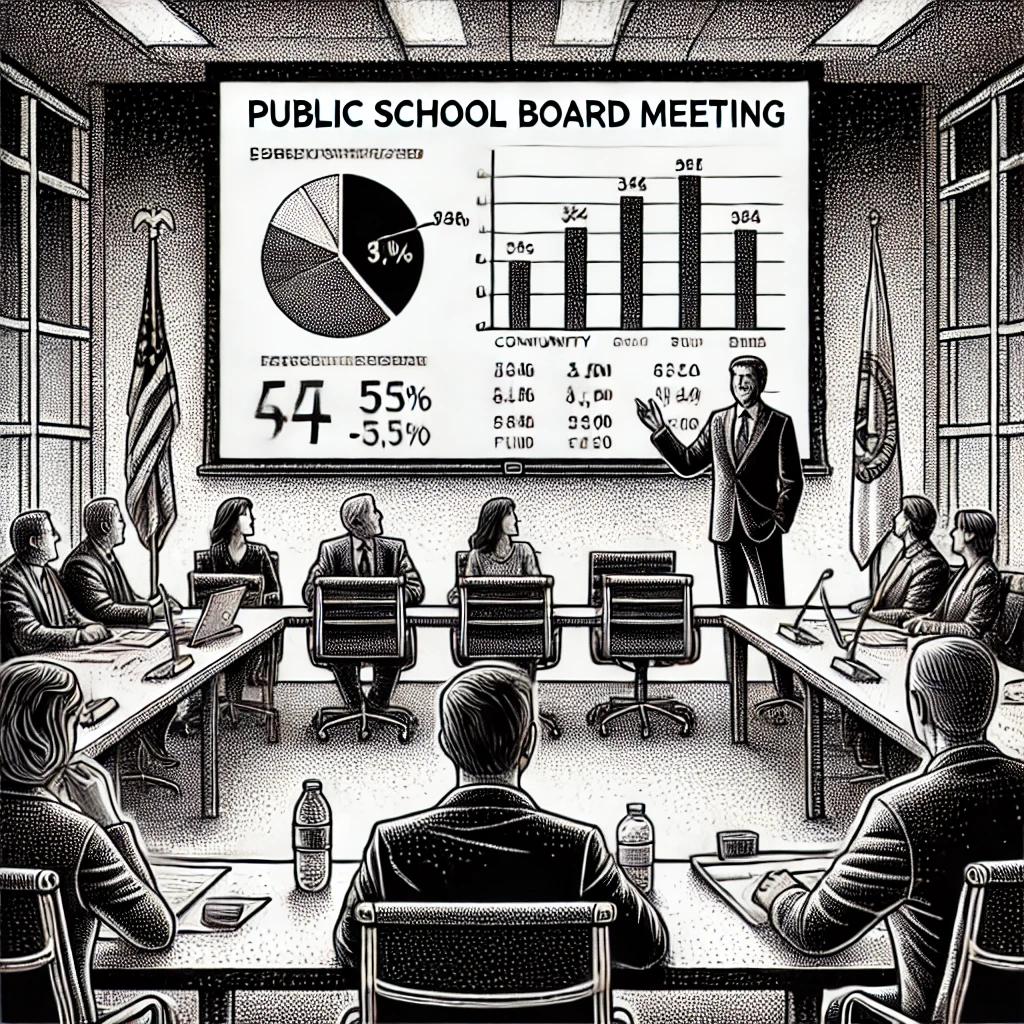 A detailed black-and-white stipple illustration showing a modern school board meeting. A speaker confidently presents in front of a projector displaying financial charts, while an attentive audience listens.