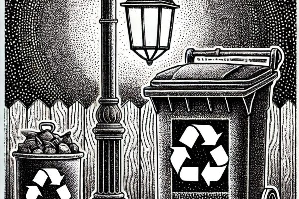 A black and white stipple illustration showing a compost bin, a recycling symbol, and a downward-cast outdoor light fixture. The stippling art emphasizes environmental sustainability themes.