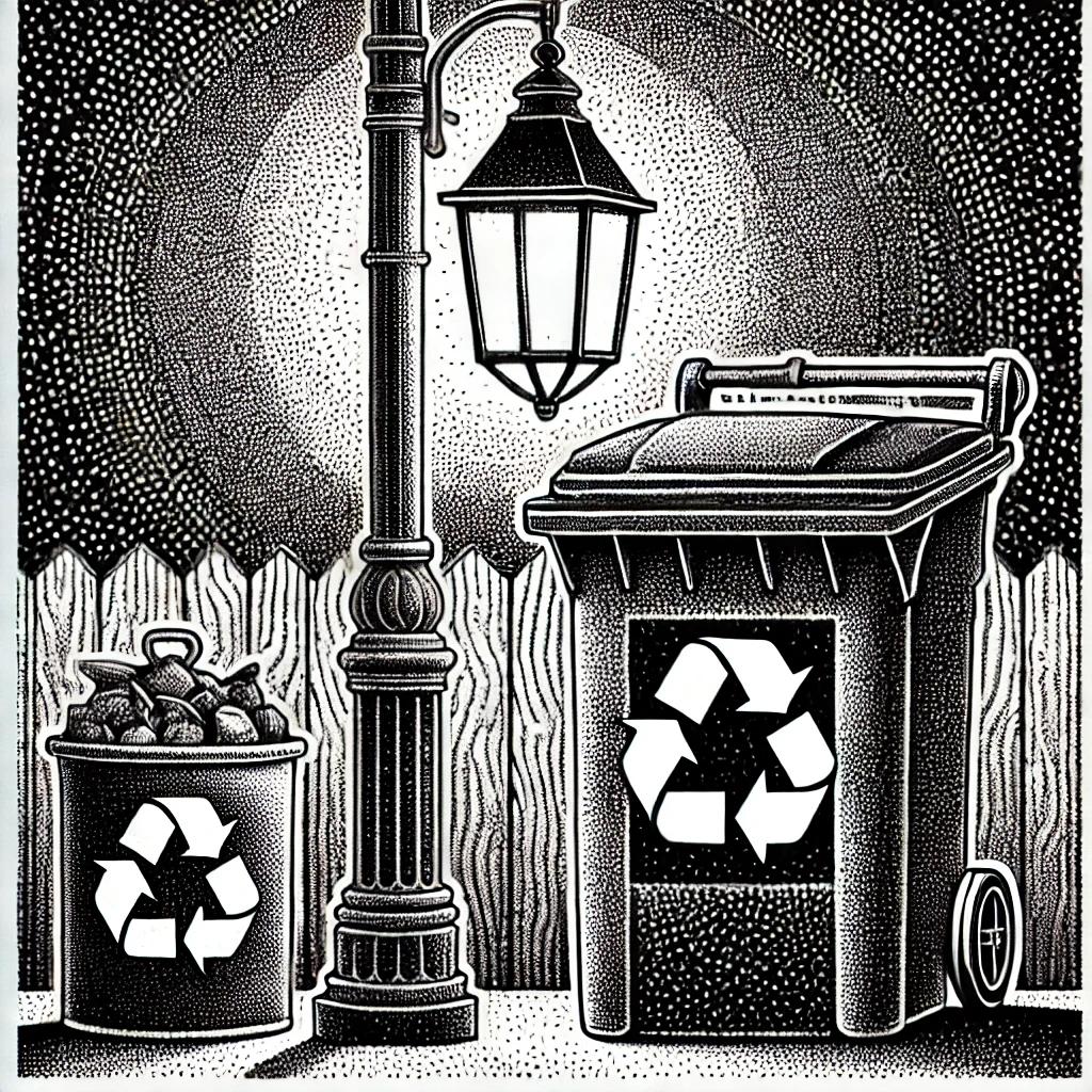 A black and white stipple illustration showing a compost bin, a recycling symbol, and a downward-cast outdoor light fixture. The stippling art emphasizes environmental sustainability themes.