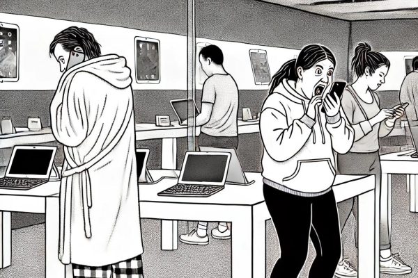 A black and white stipple illustration of a modern Apple Store, humorously depicting a man in pajamas and slippers browsing devices, a woman in a hoodie yelling into her phone, and a casually chaotic atmosphere that contrasts with the store's sleek minimalist design.